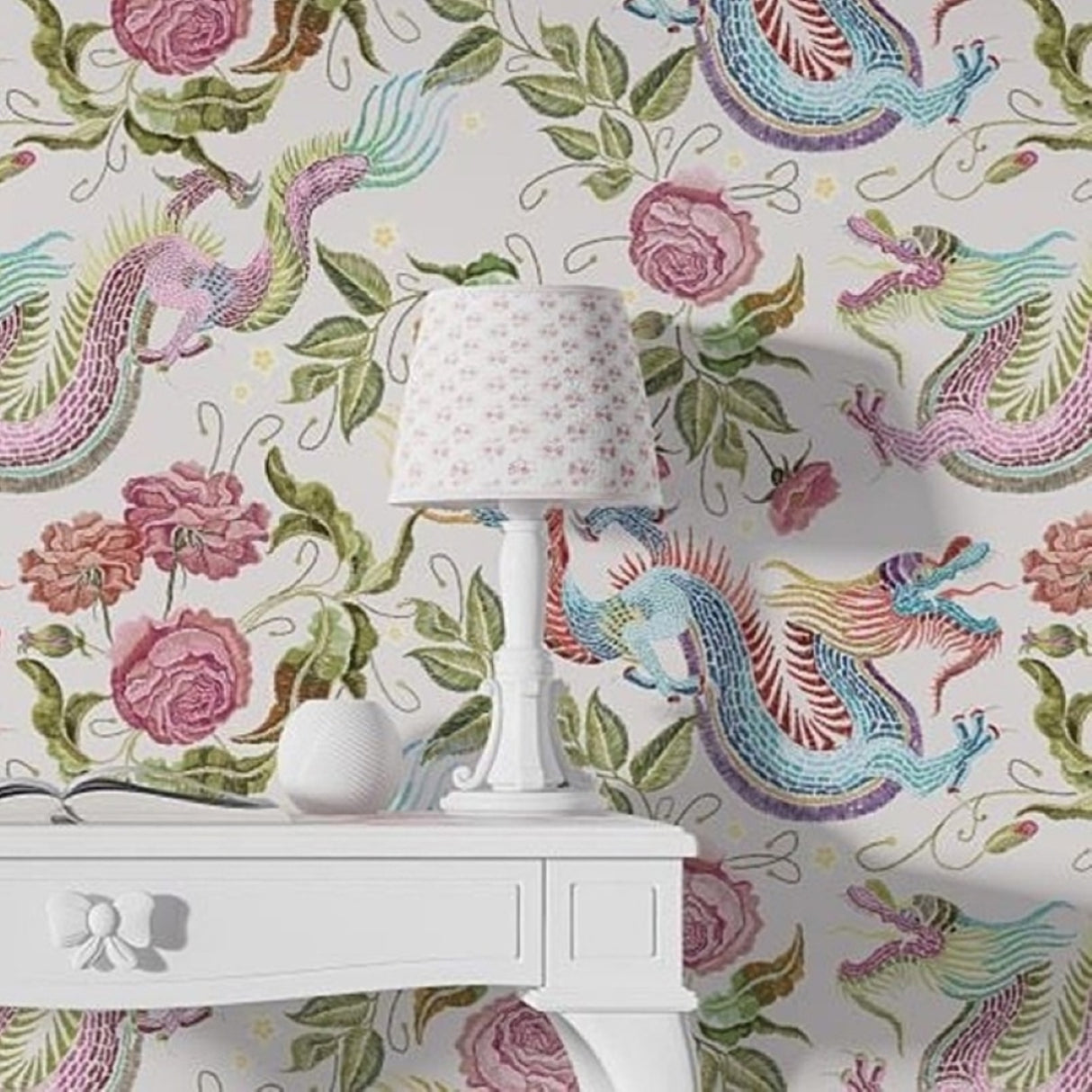 Dragons & Roses Wallpaper – Available in Printed and Embossed Versions - Mystical Wall Mural Design