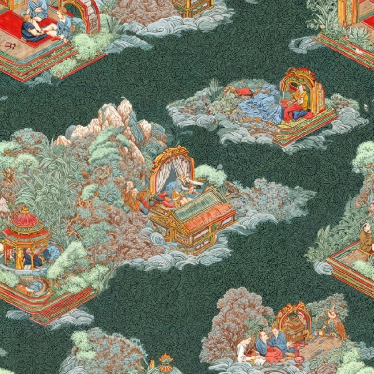 Floating Pavilions Wallpaper – Celestial Green Harmony – Available in Printed and Embossed Versions For Refined Interiors
