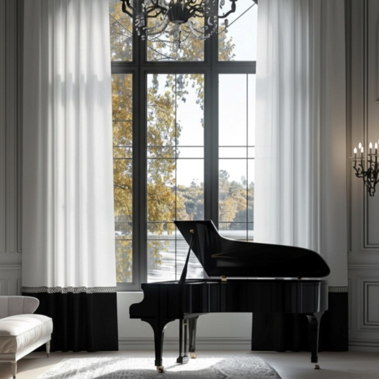 Boro – Cortina negra con borde geométrico en zigzag en blanco y negro – Para interiores modernos y decorativos
