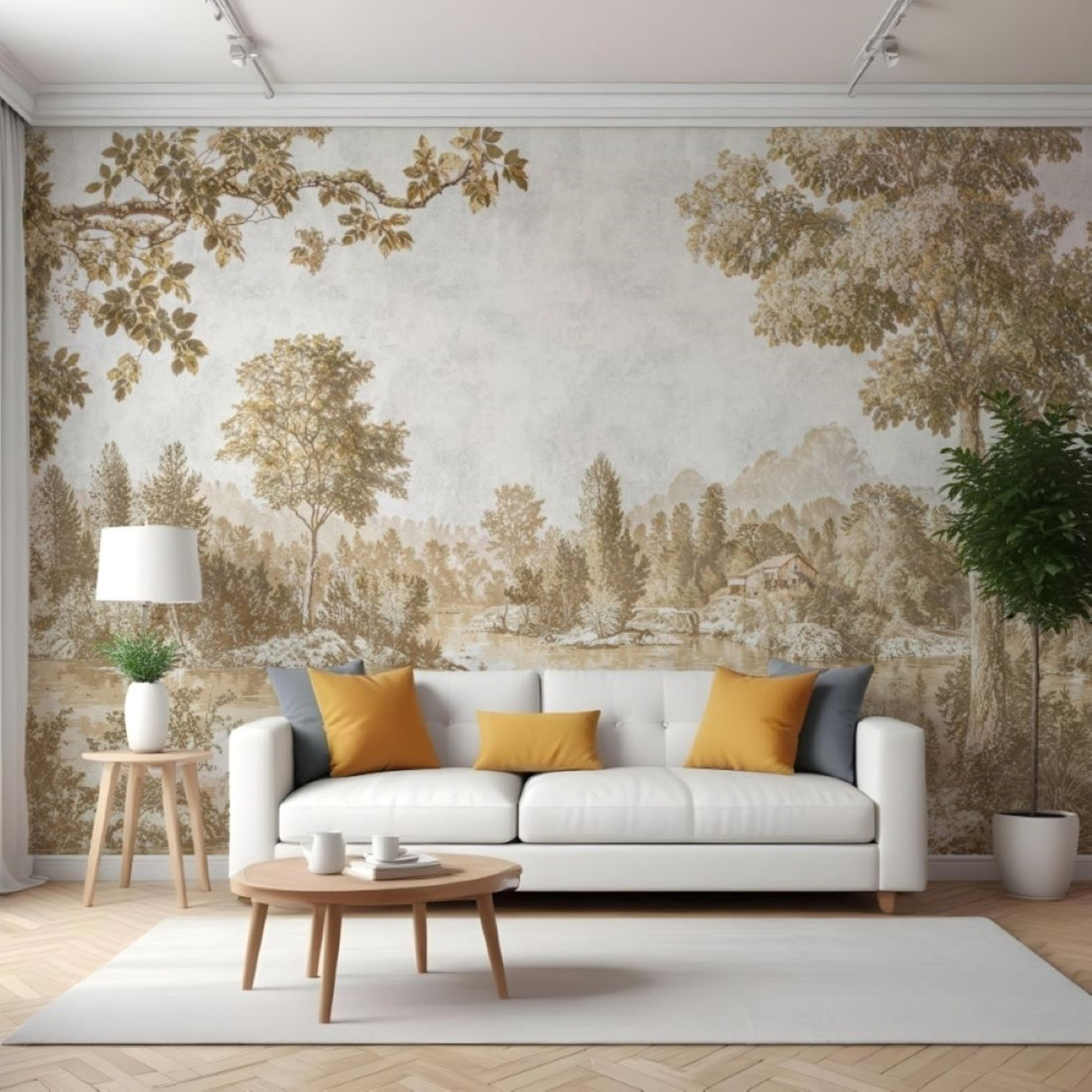 Pastoral Lake Mural Wallpaper – Sepia Landscape for Serene Interiors