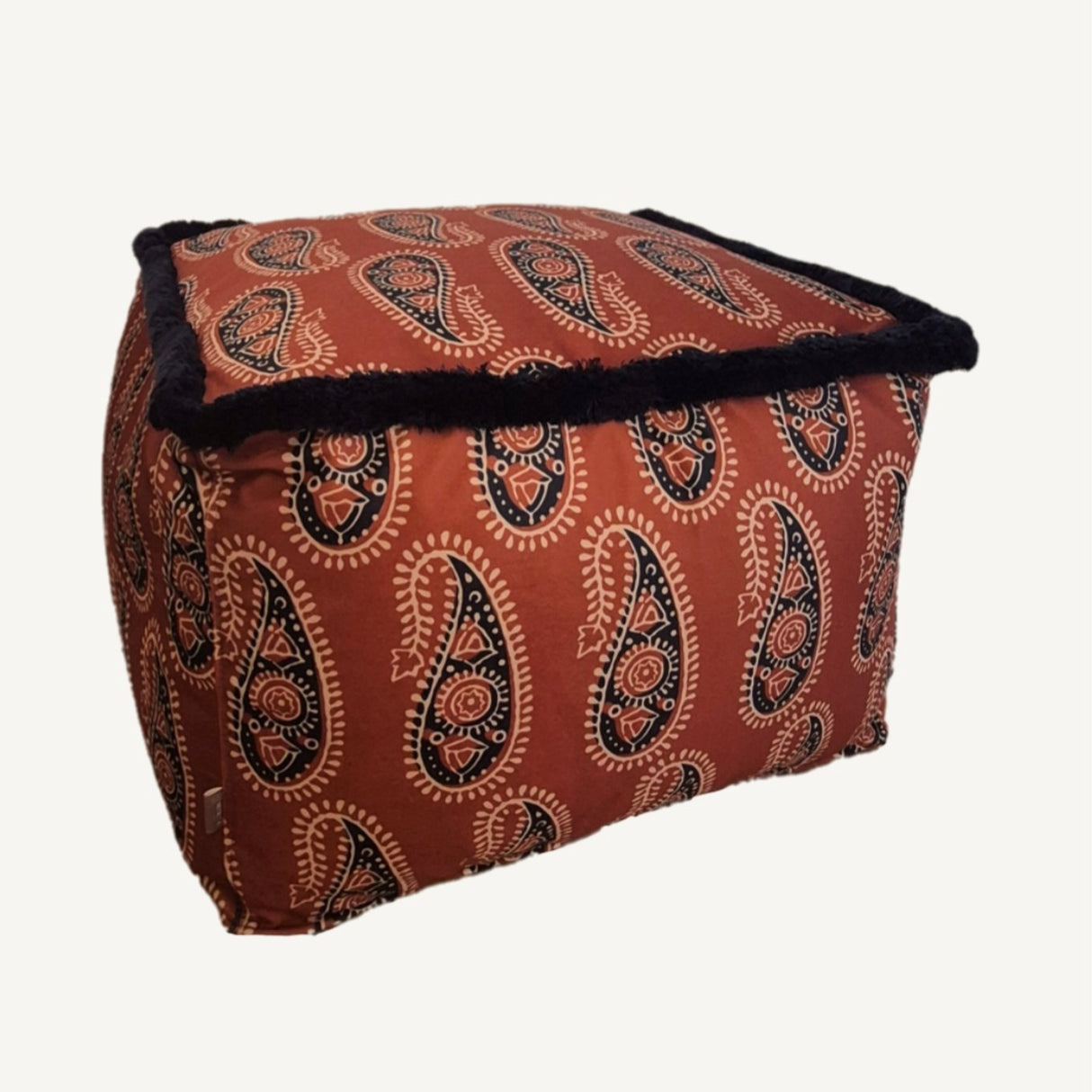 Braxely Red Pouf – Handmade Ottoman Seat with Polyester Velvet Fabric, Paisley Pattern