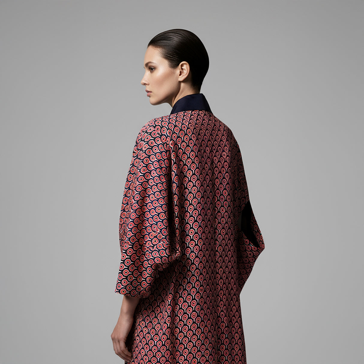 Omna Red Unisex Kimono – Geometric Patterned Suede Kimono with Midnight Satin Trim for Modern Timeless Elegance