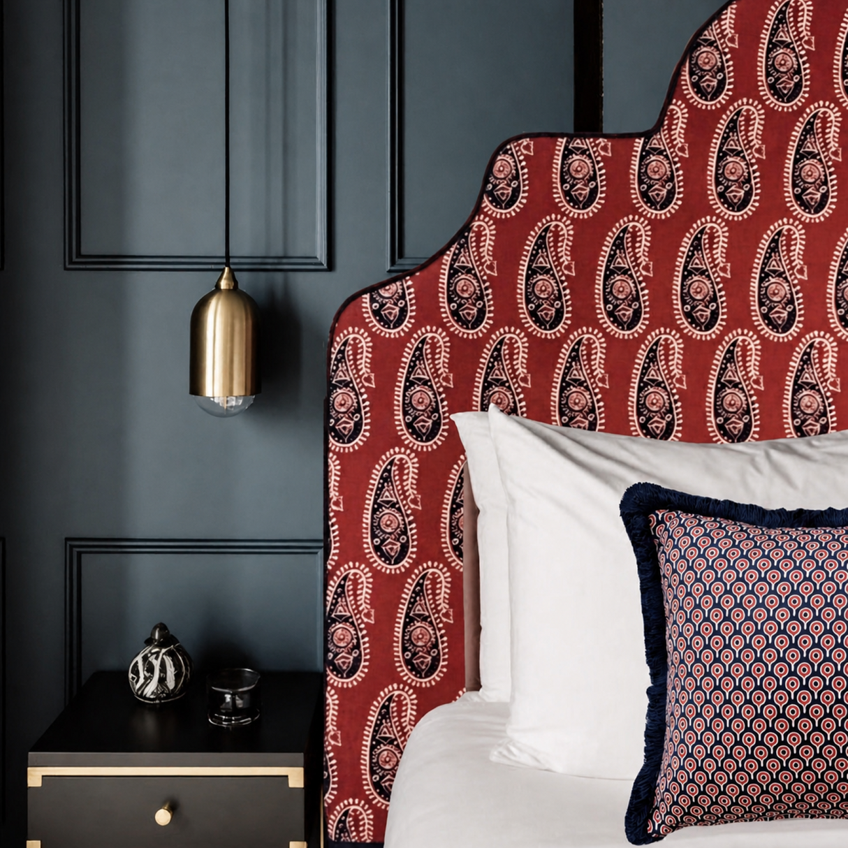 Braxely Red Headboard – Terracotta Polyester Upholstered Headboard with Navy Paisley Pattern and Navy Piping
