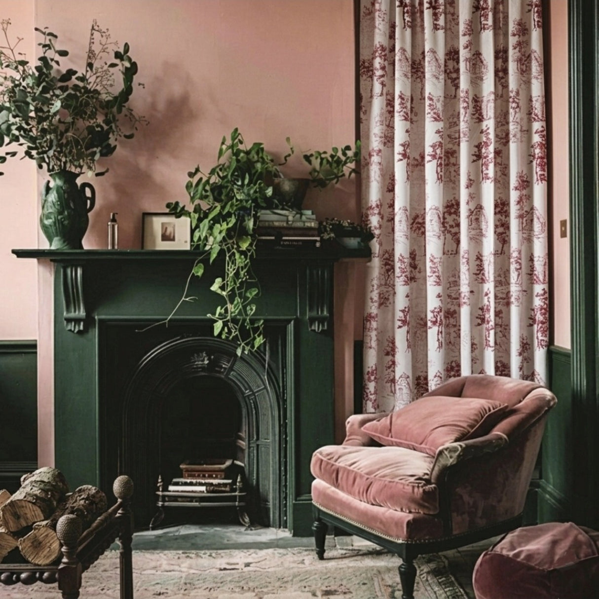 Elro – Pastoral Scenic Drapery Curtain With Deep Berry Motif & Bordeaux Piping – For Classic, Country & Vintage Interiors