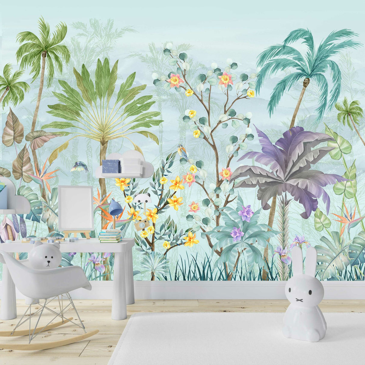 Yellow Cotton Flowers & Tropical Trees Wallpaper, Blue Background - Soft Pastel Nature-Inspired Wall Décor