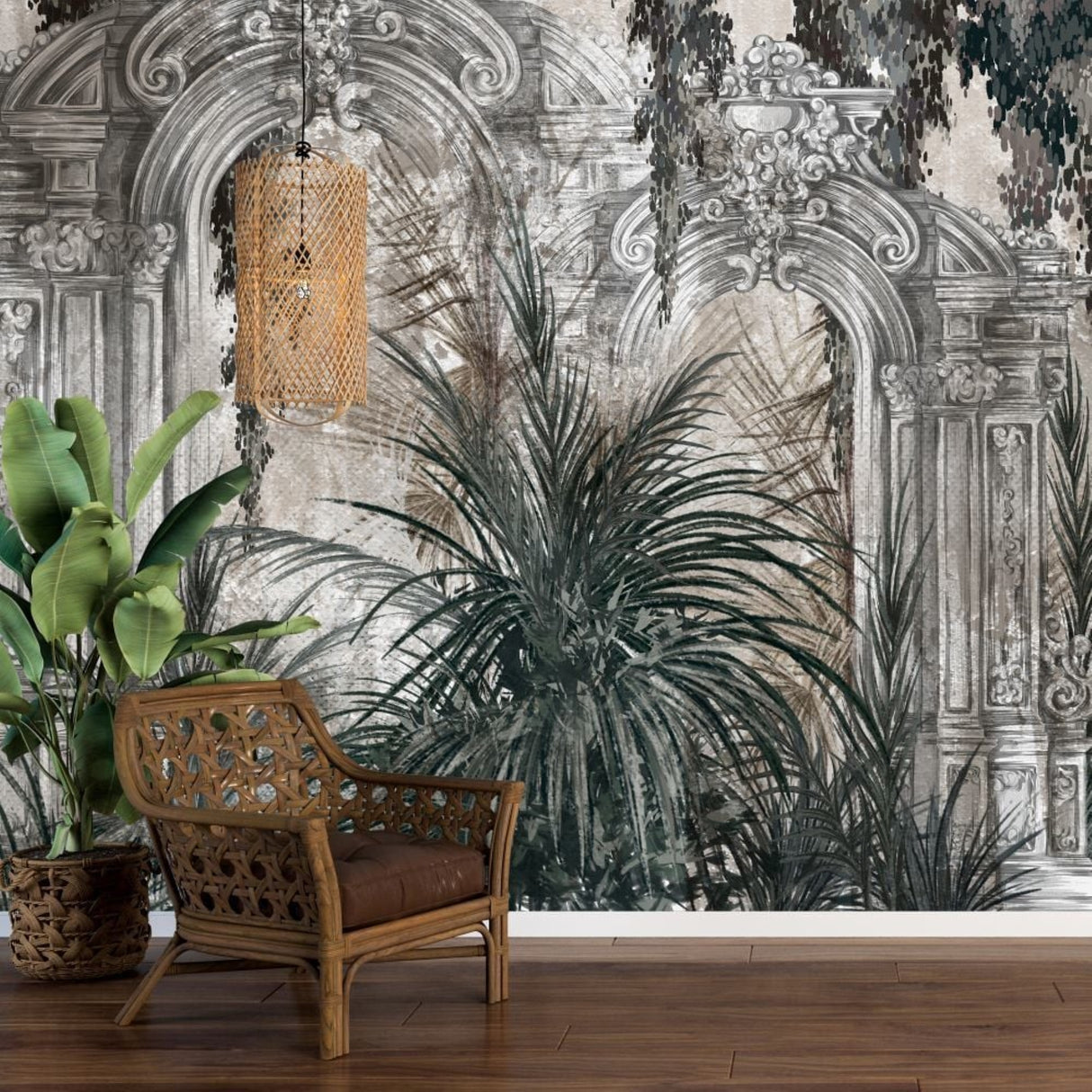 Antique Garden Arches Wallpaper – Botanical Mural with Watercolor Effect for Sophisticated Interiors