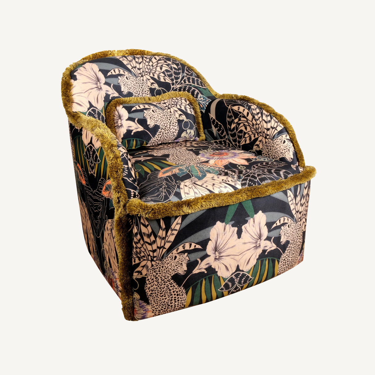 Whispering Tiger Armchair – Wooden Armchair with Polyester Velvet Fabric, Exotic Pattern