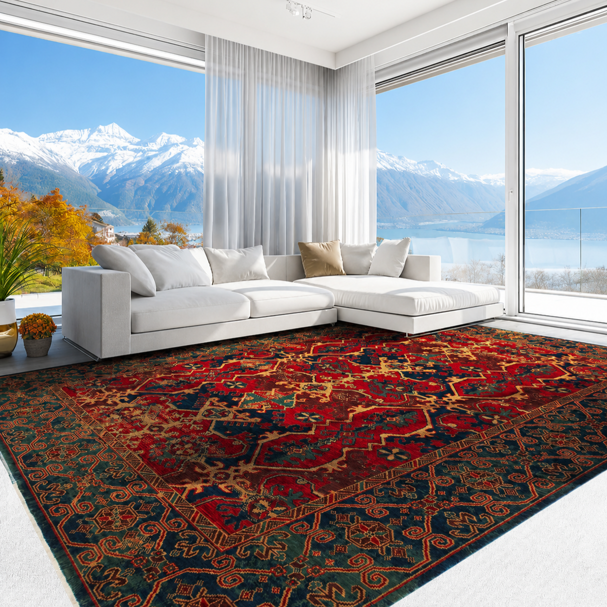 KADIM KDM 01 Navy Red - Anatolian Motif Artisan New Zealand Wool Rug | Hand-Loomed, Non-Shedding & Easy-Clean