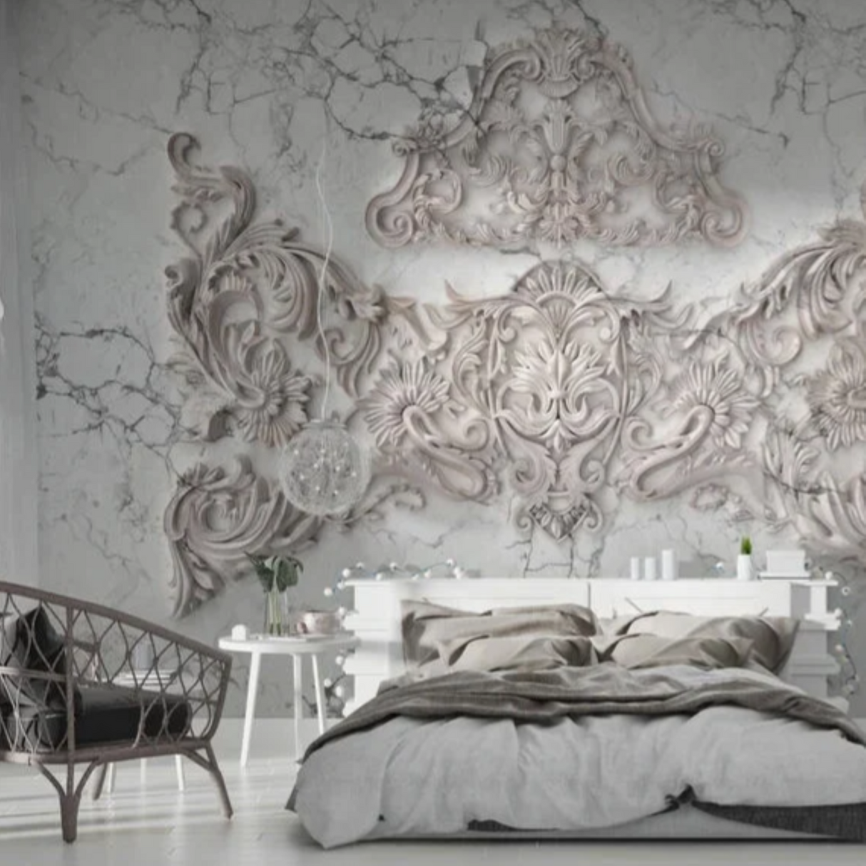 Marble Baroque Majesty – 3D Relief Carvings on Marble - Available in Printed and Embossed Versions for Sophisticated Interiors