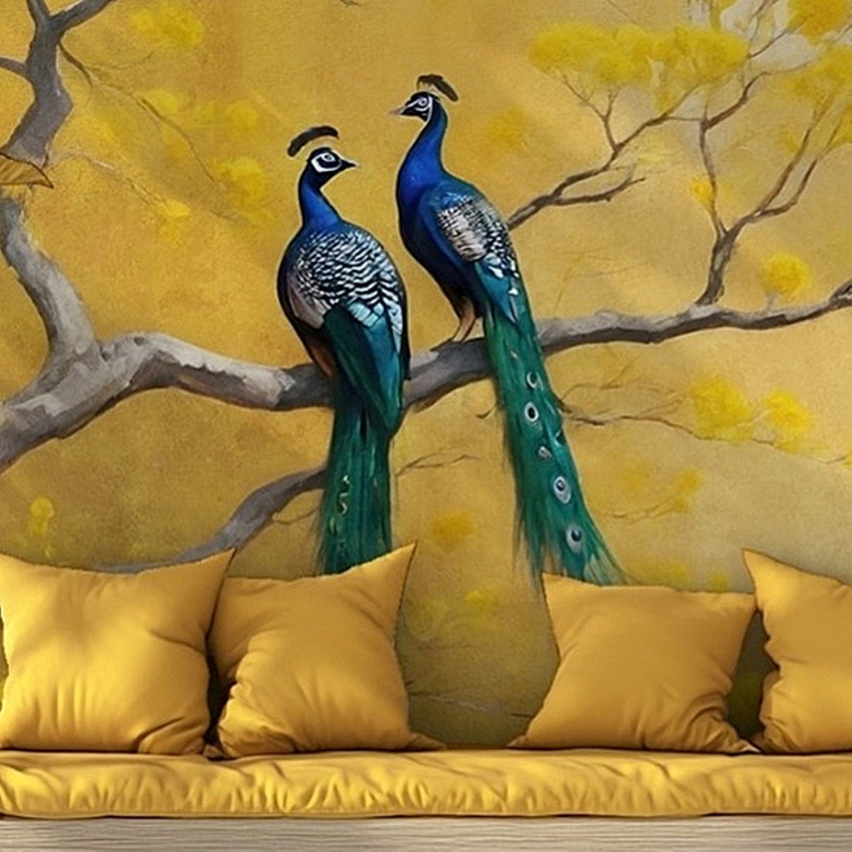 Golden Serenade Wallpaper – Elegant Peacock Mural For Artistic Interiors