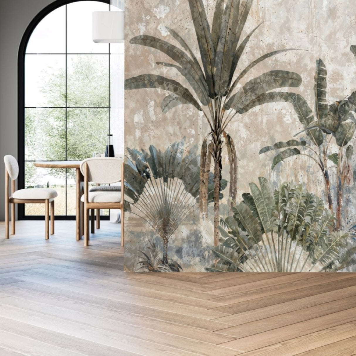Papel pintado de palmeras tropicales suaves: mural botánico artístico con textura desgastada para interiores elegantes