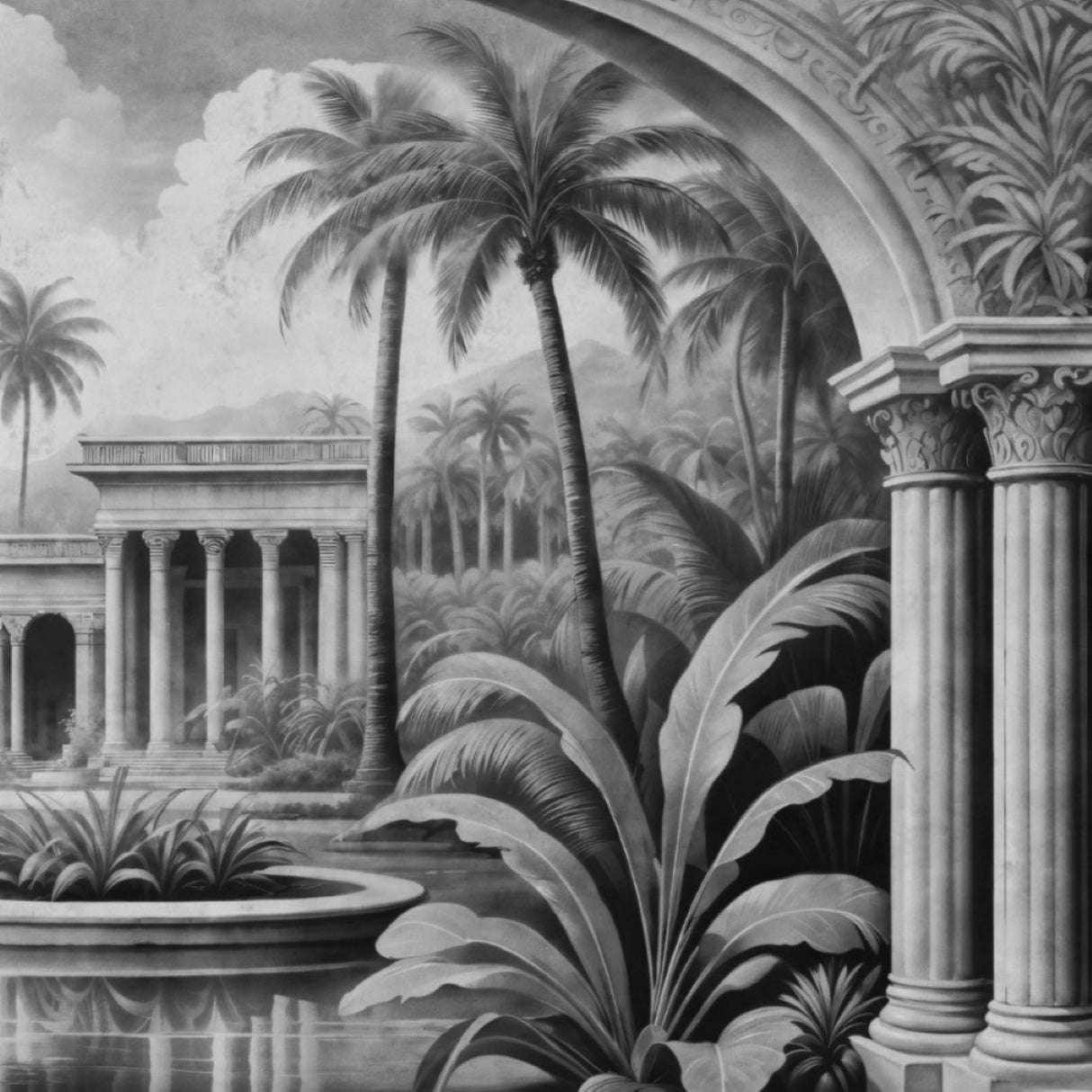 Palace Reflections Wallpaper – Neoclassical Tropical Mural For Elegant Interiors