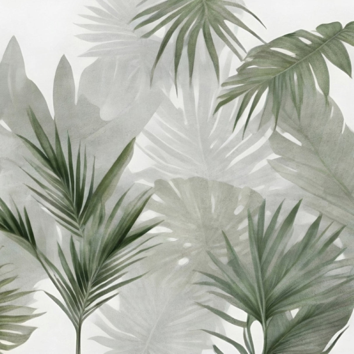 Botanical Mist Wallpaper – Tropical Green Leaf Mural for Calm and Airy Interiors