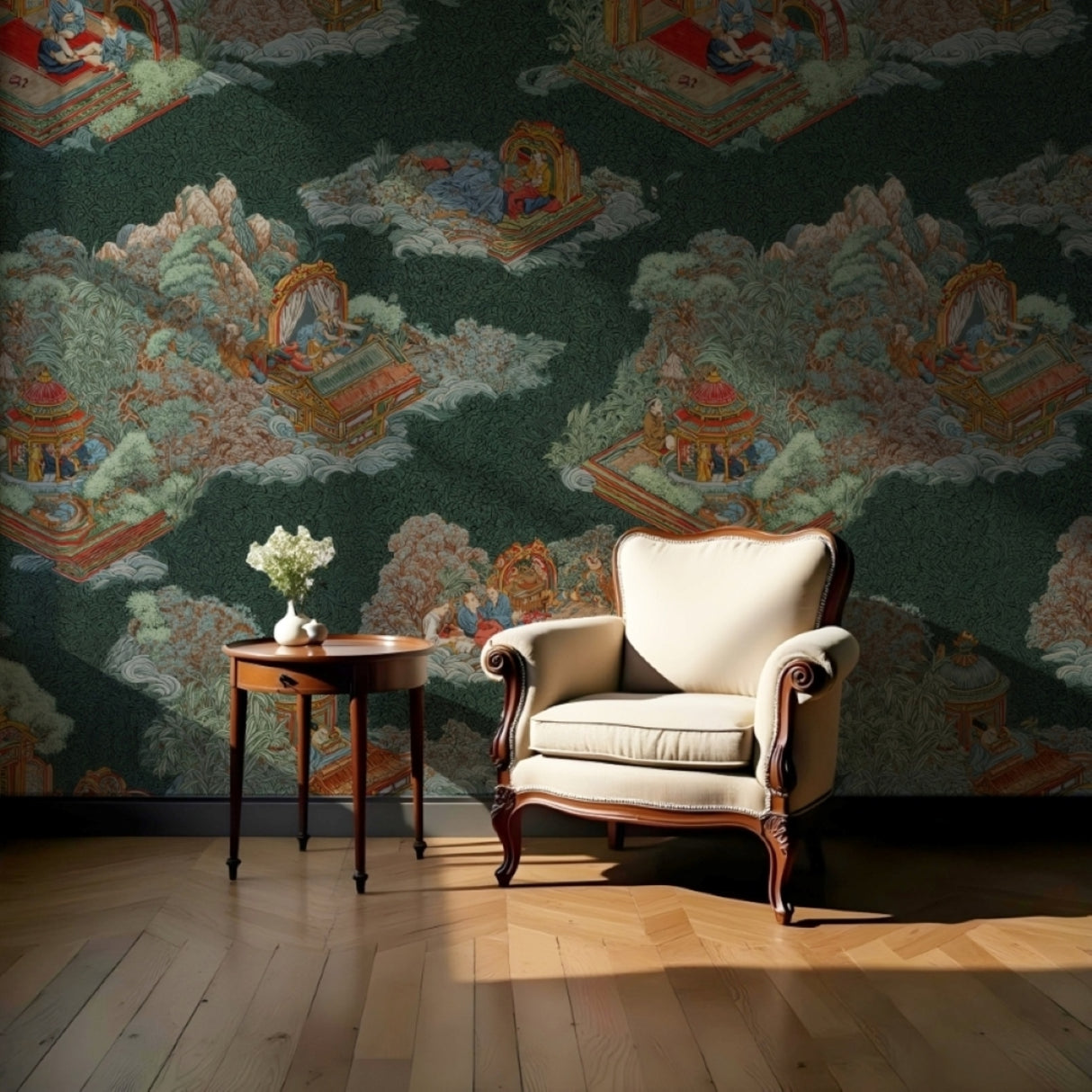 Floating Pavilions Wallpaper – Celestial Green Harmony – Available in Printed and Embossed Versions For Refined Interiors