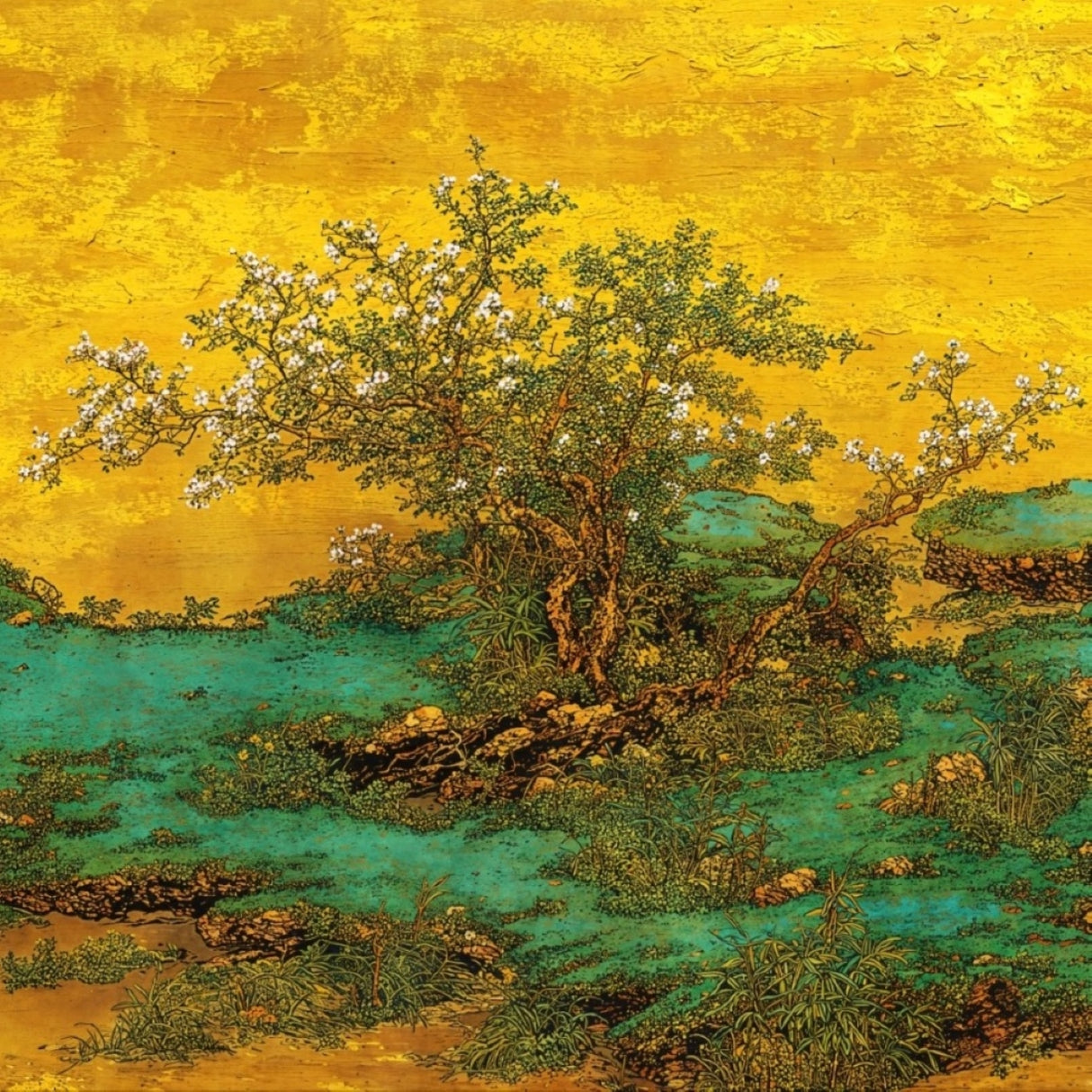 Golden Meadow Mural Wallpaper – Hand-Painted Landscape for Refined Interiors