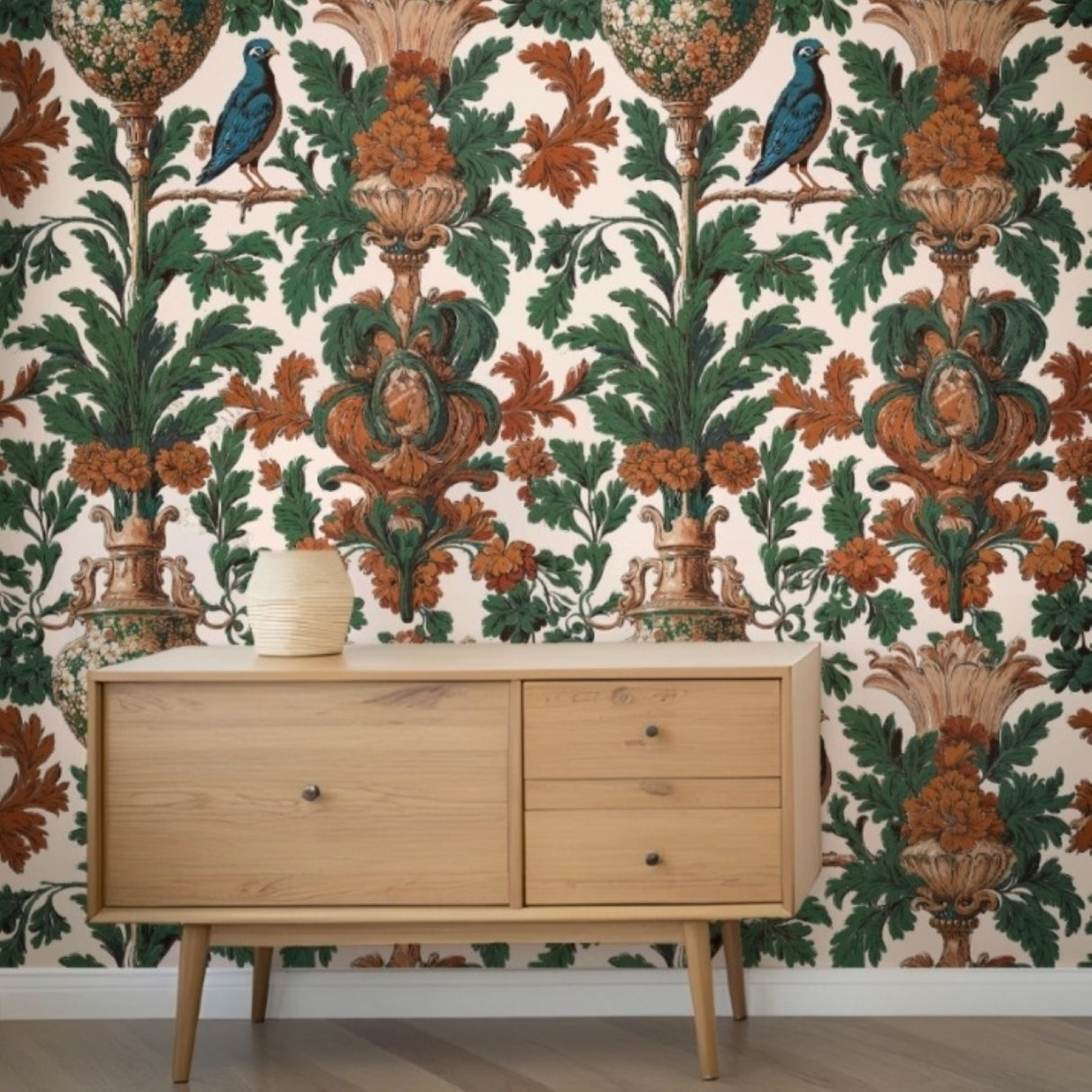 Verdant Baroque Wallpaper – Emerald & Terracotta Edition – Available in Printed and Embossed Versions for Refined Interiors