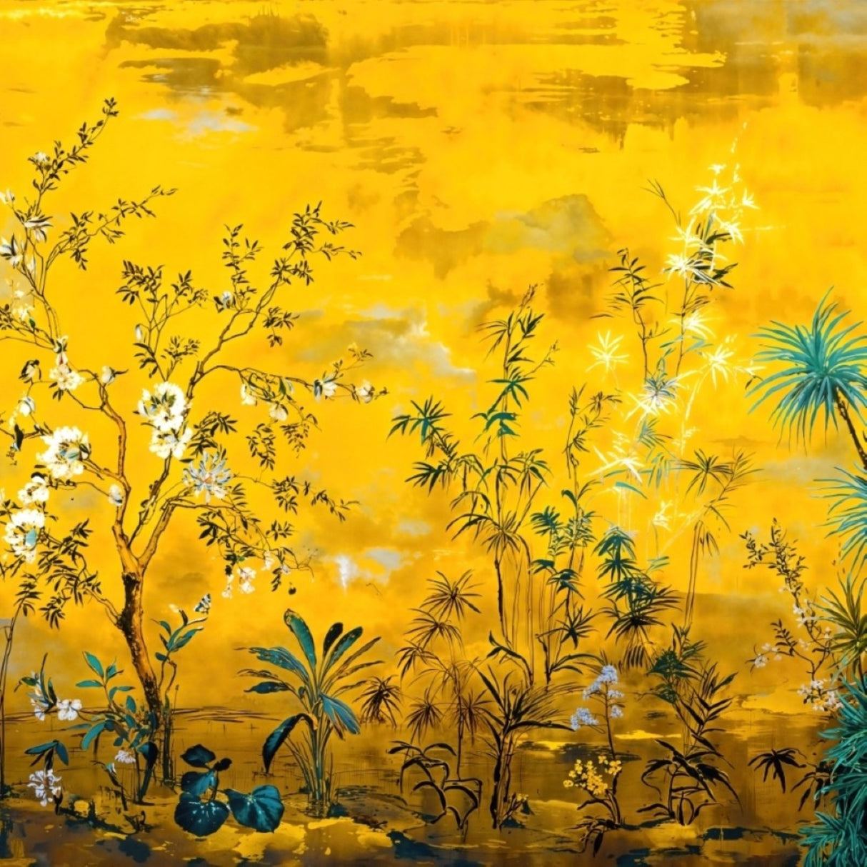 Mural chinoiserie con flores iluminadas por el sol: arte floral pintado a mano para interiores refinados