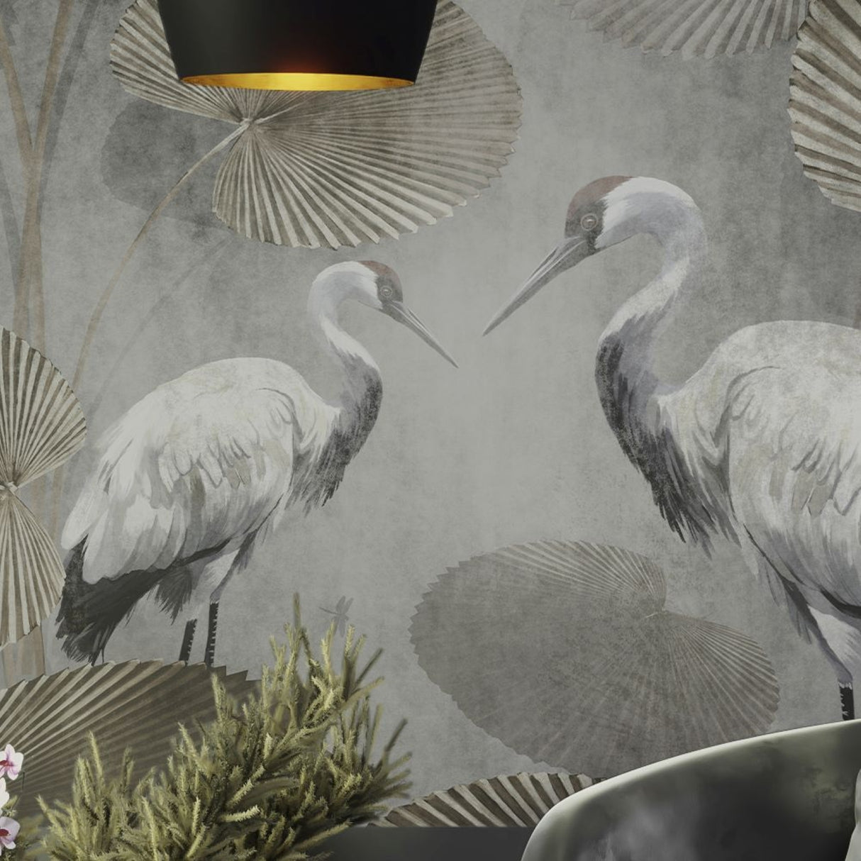 Cranes & Lotus Leaves Wallpaper - Available in Printed and Embossed Versions for Elegant Interiors