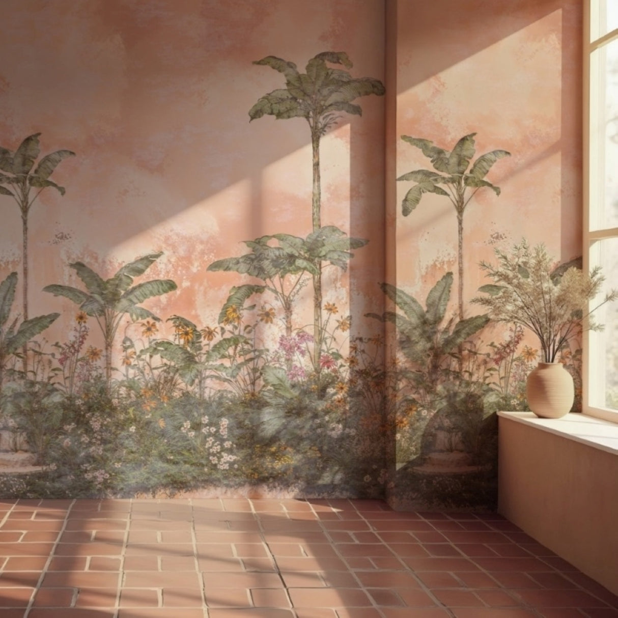 Terracotta Garden Mural Wallpaper – Tropical Bloom Design for Warm Interiors