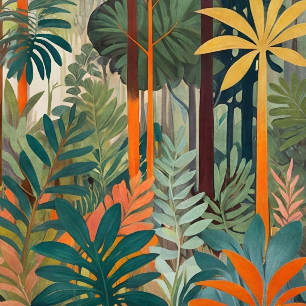 Tropical Canopy Mural Wallpaper – Vibrant Jungle Wall Art in Emerald & Coral Tones