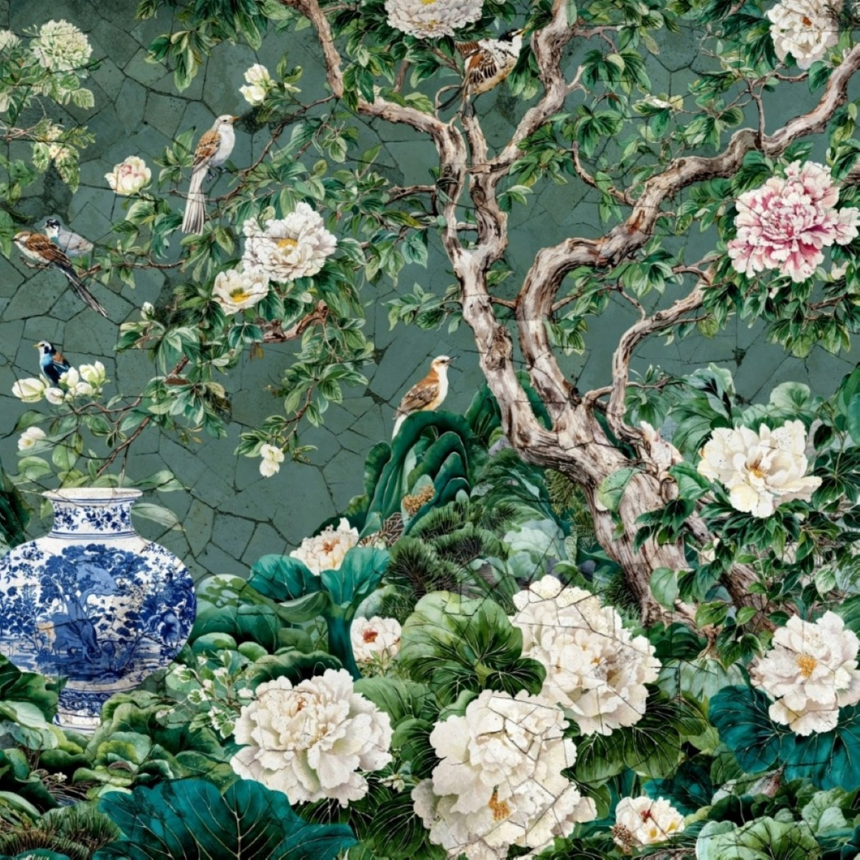 Celadon Garden Wallpaper – Cracked Jade Edition – Available In Printed And Embossed Versions For Refined Interiors