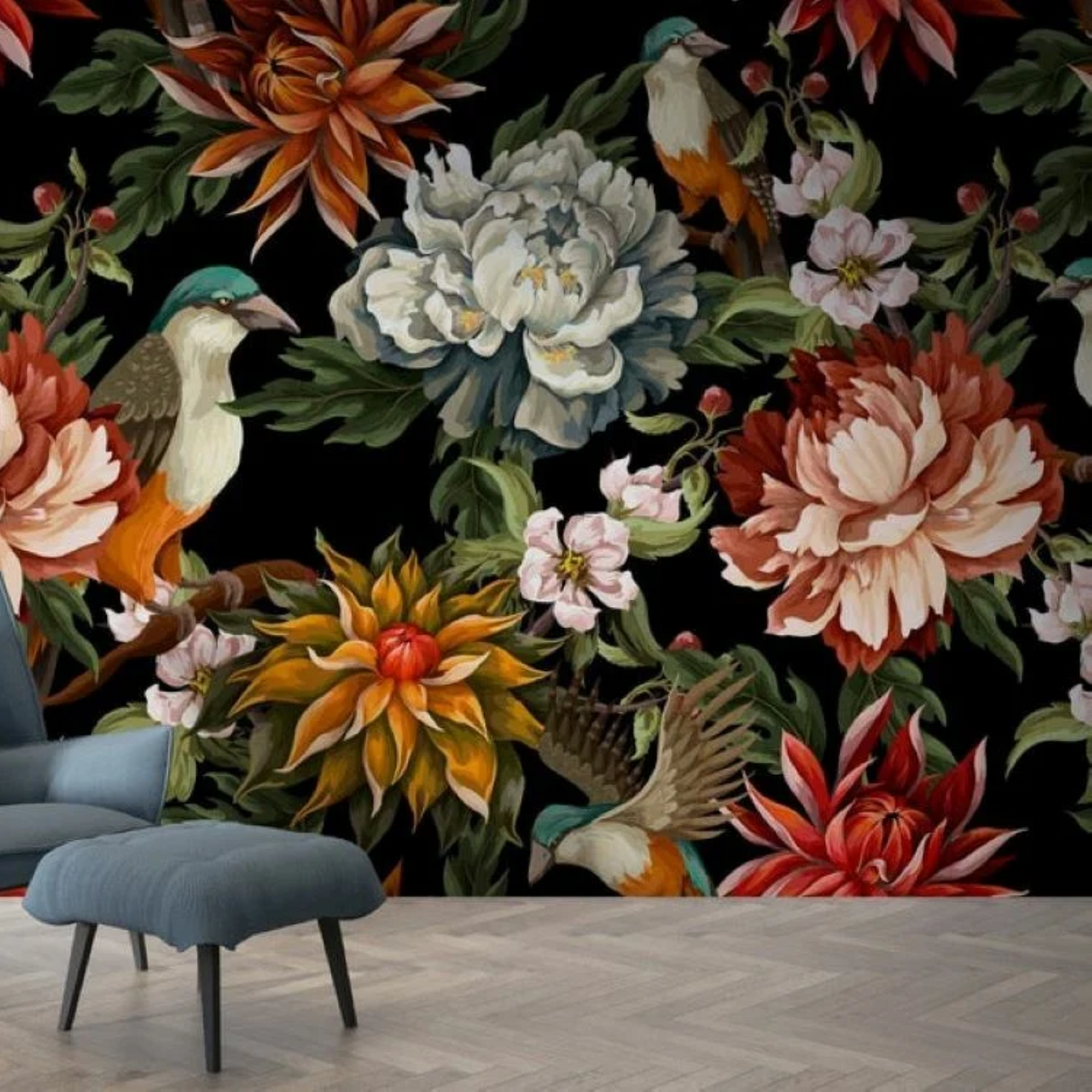 Midnight Bloom Wallpaper – Exotic Flora & Fauna Tapestry – Available in Printed and Embossed Versions for Opulent & Moody Interiors