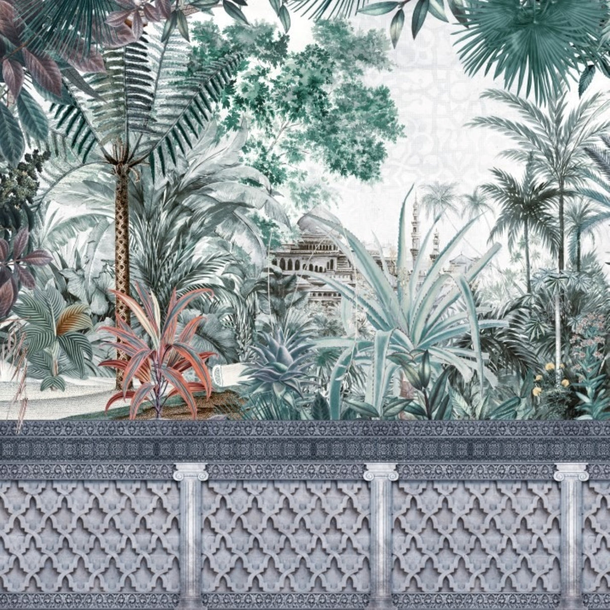 Exotic Jungle & Elephants Wallpaper – Botanical Heritage Mural For Elegant Interiors – Turquoise Effect