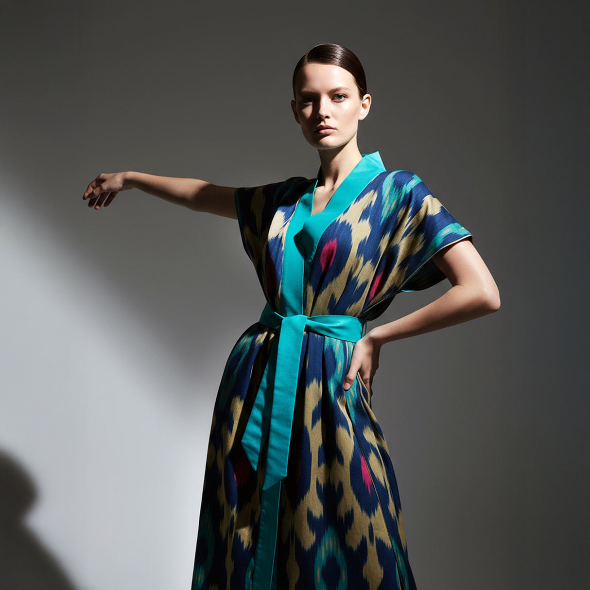 Kimono Kamola: kimono ikat de seda y algodón tejido a mano en esmeralda, fucsia y beige para un estilo bohemio y moderno.