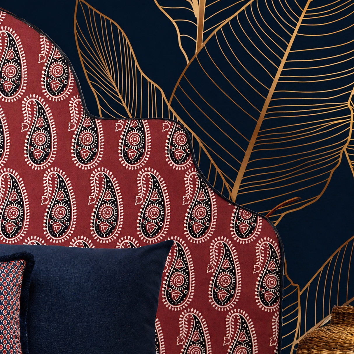 Braxely Red Headboard – Terracotta Polyester Upholstered Headboard with Navy Paisley Pattern and Navy Piping
