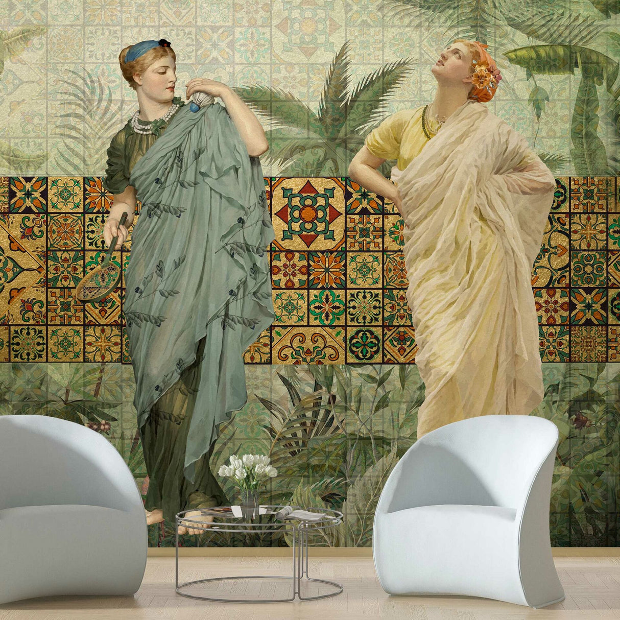 Antique-style women with leaves design wallpaper