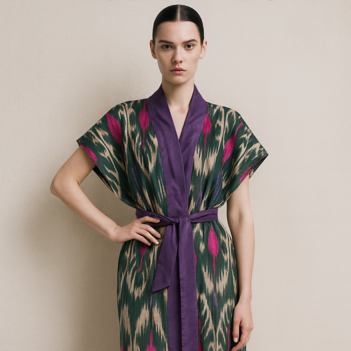 Kimono Azelle: Kimono reversible de seda y algodón ikat tejido a mano con detalles en violeta intenso y reverso tropical para un lujo bohemio moderno.