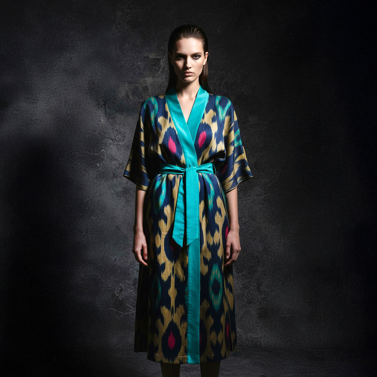 Kimono Kamola: kimono ikat de seda y algodón tejido a mano en esmeralda, fucsia y beige para un estilo bohemio y moderno.