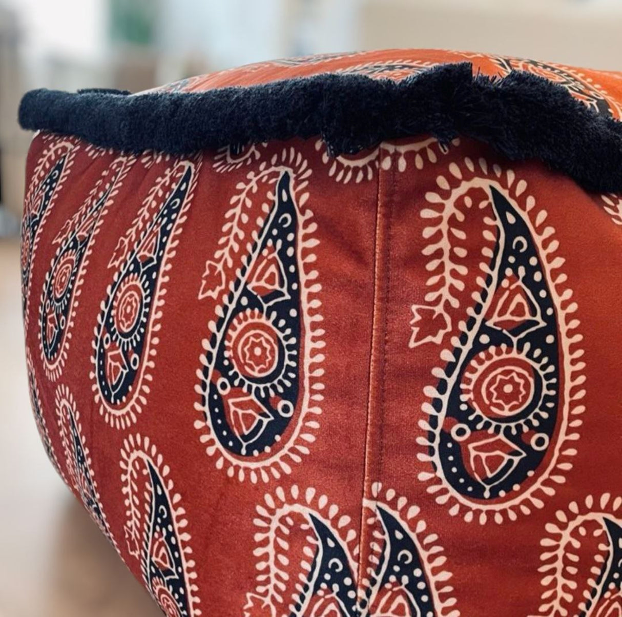 Braxely Red Pouf – Handmade Ottoman Seat with Polyester Velvet Fabric, Paisley Pattern