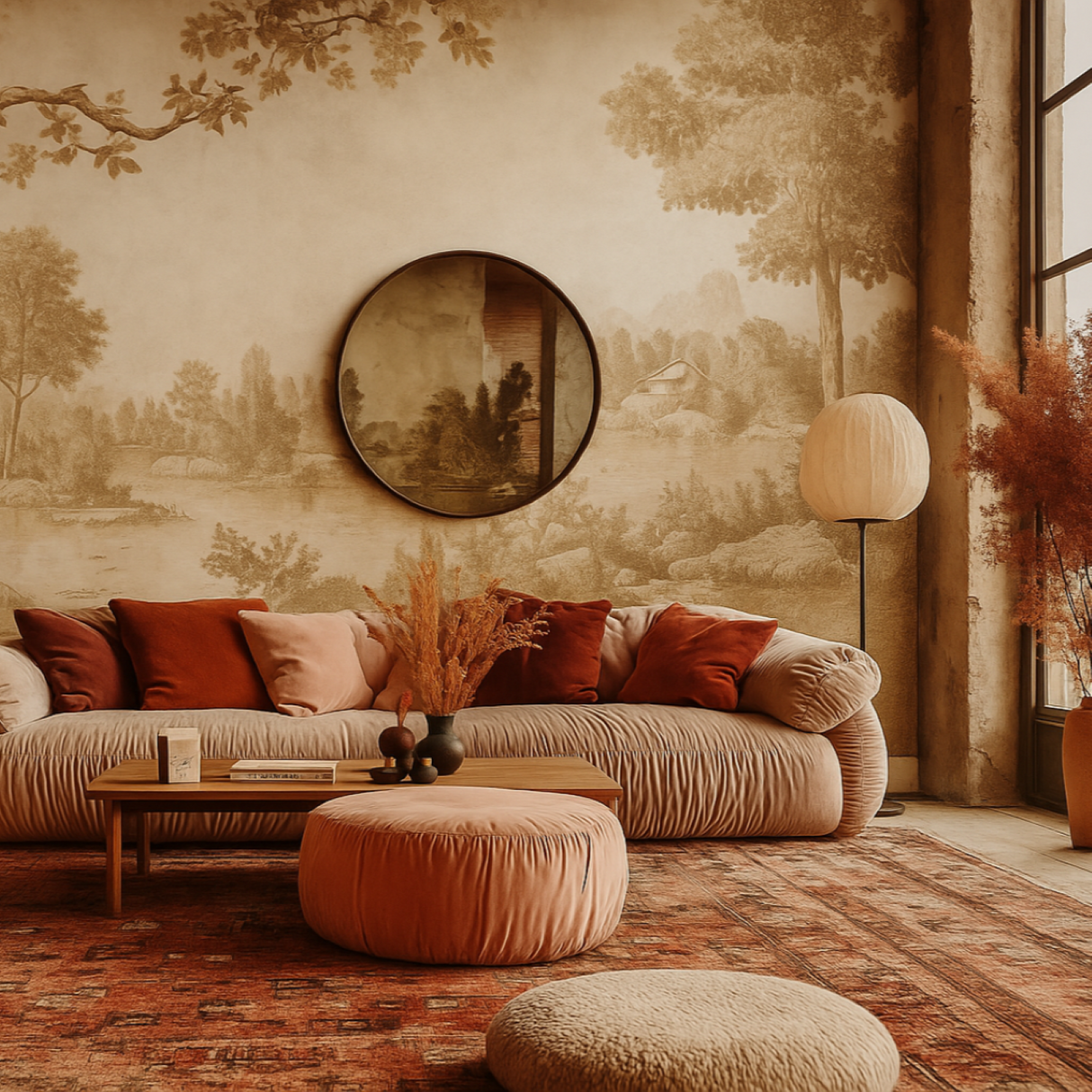 Pastoral Lake Mural Wallpaper – Sepia Landscape for Serene Interiors