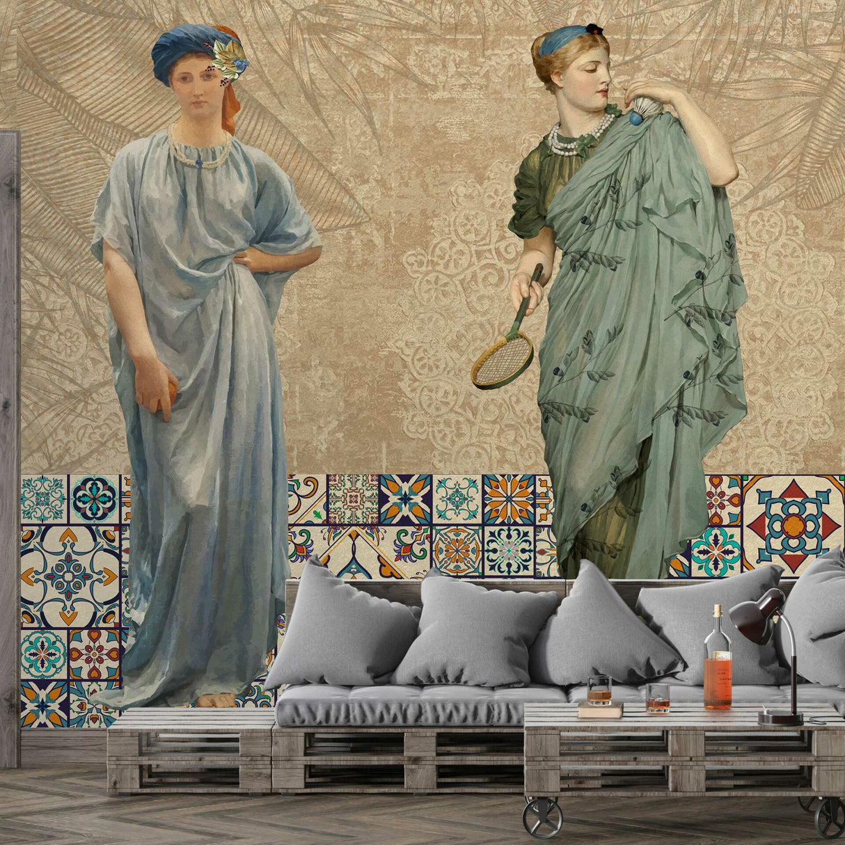 Ancient dressed women and leaves on beige background