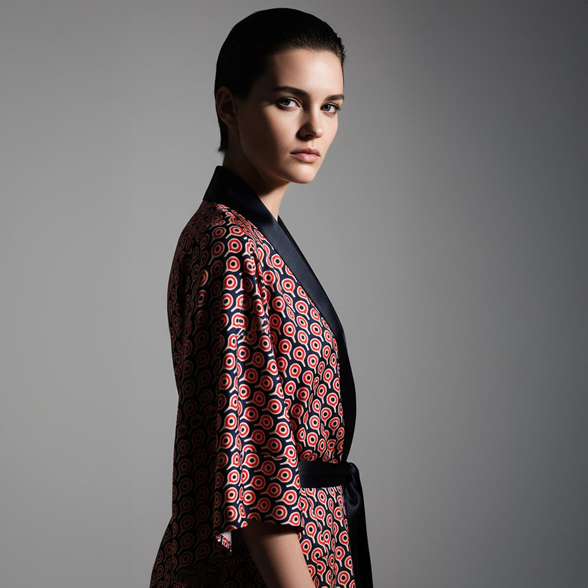 Omna Red Unisex Kimono – Geometric Patterned Suede Kimono with Midnight Satin Trim for Modern Timeless Elegance