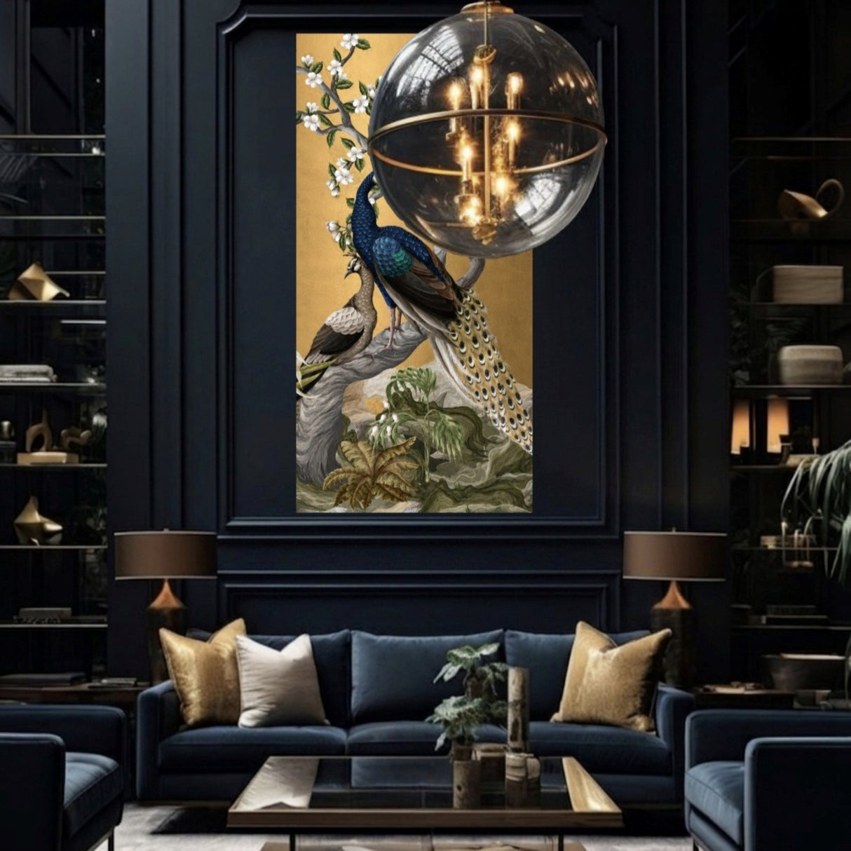 Golden Peacocks - Chinoiserie Luxury Frameless 3D Embossed Wallpaper Art Panel