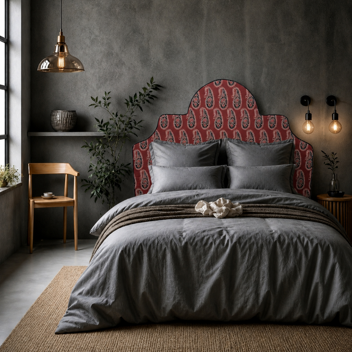 Braxely Red Headboard – Terracotta Polyester Upholstered Headboard with Navy Paisley Pattern and Navy Piping