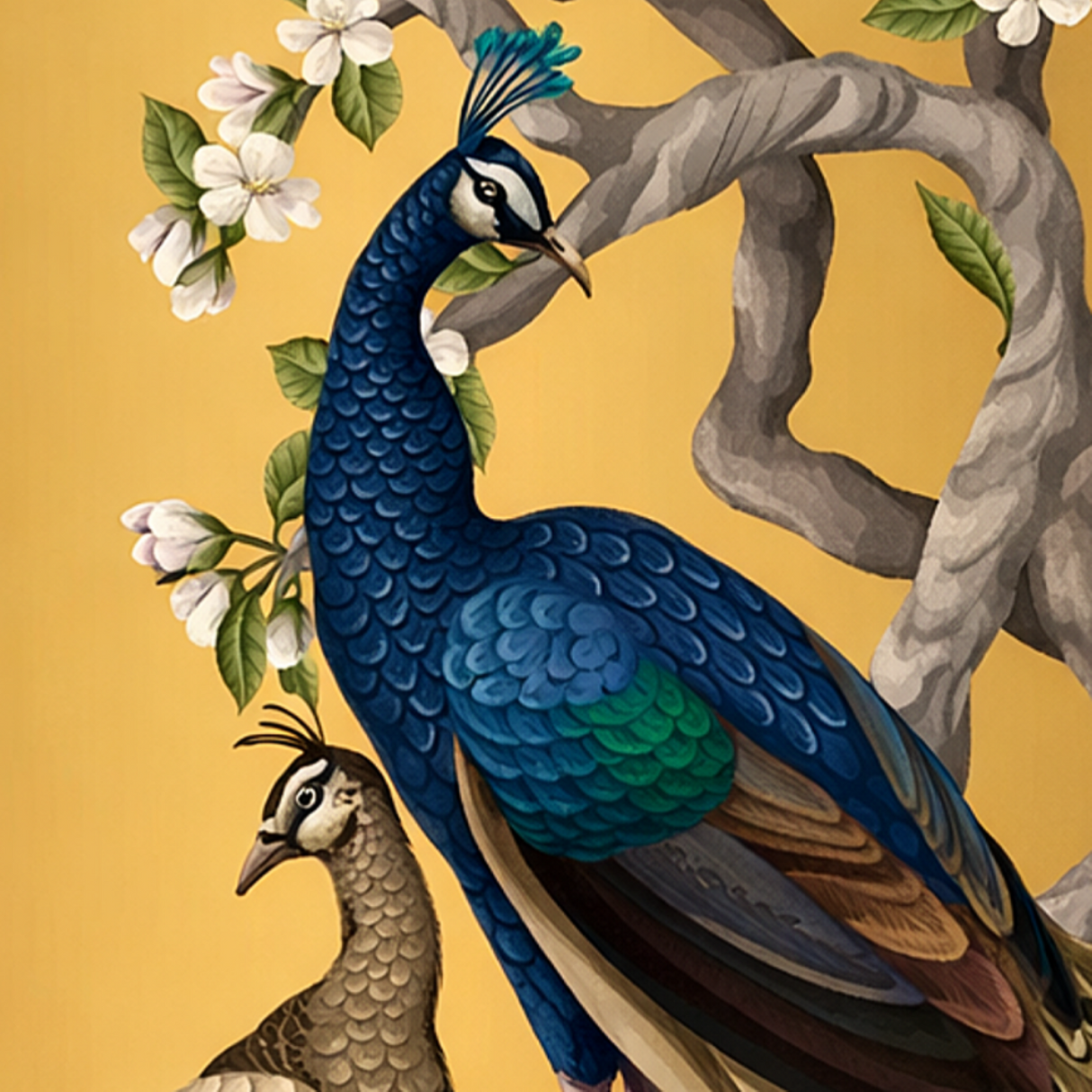 Golden Peacocks - Chinoiserie Luxury Frameless 3D Embossed Wallpaper Art Panel