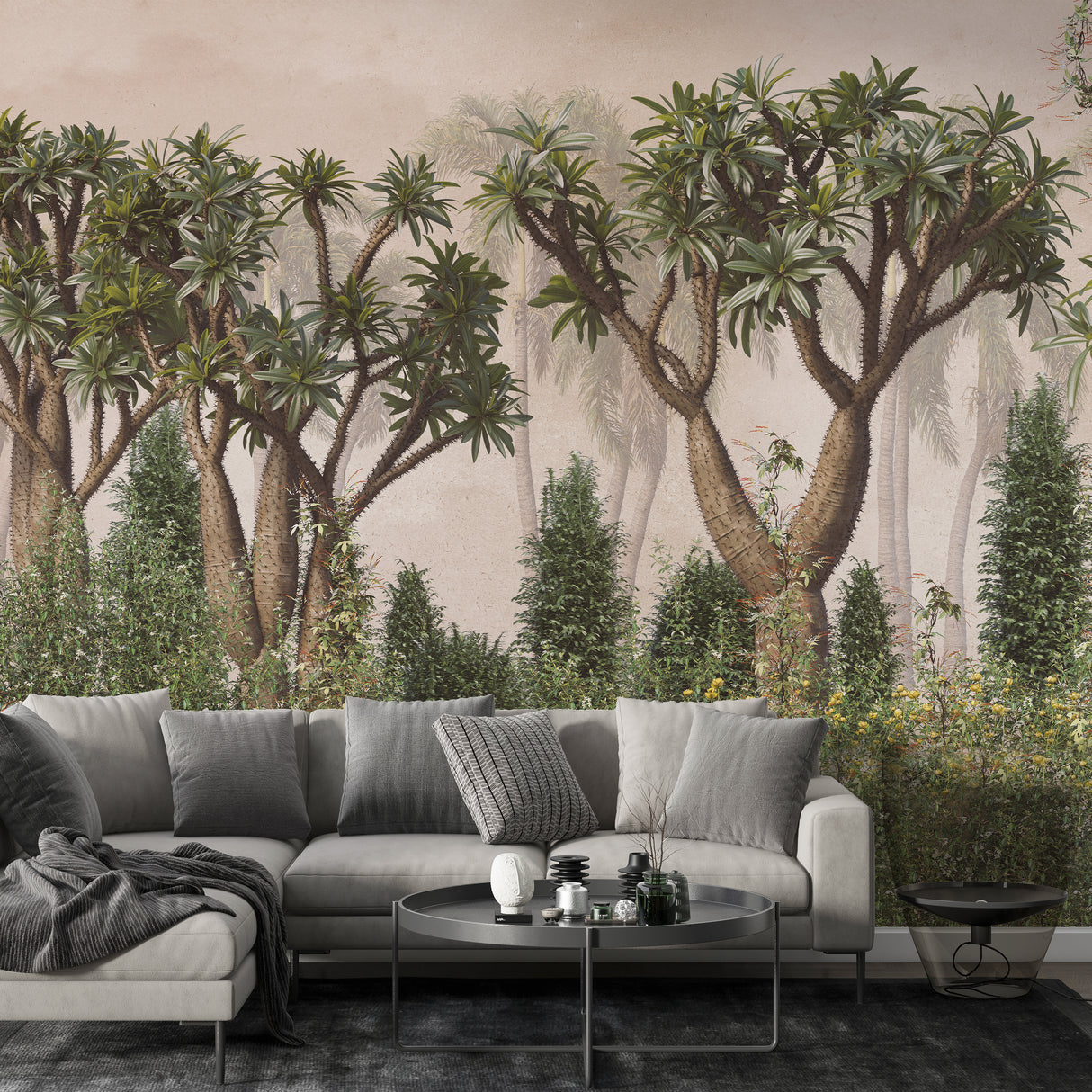 Papel pintado de bonsáis grandes: mural artístico de naturaleza para interiores contemporáneos