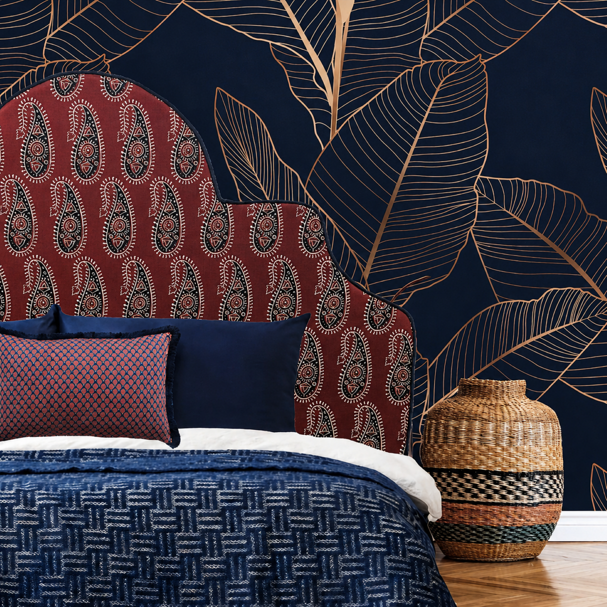 Braxely Red Headboard – Terracotta Polyester Upholstered Headboard with Navy Paisley Pattern and Navy Piping
