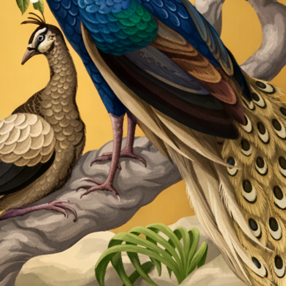 Golden Peacocks - Chinoiserie Luxury Frameless 3D Embossed Wallpaper Art Panel