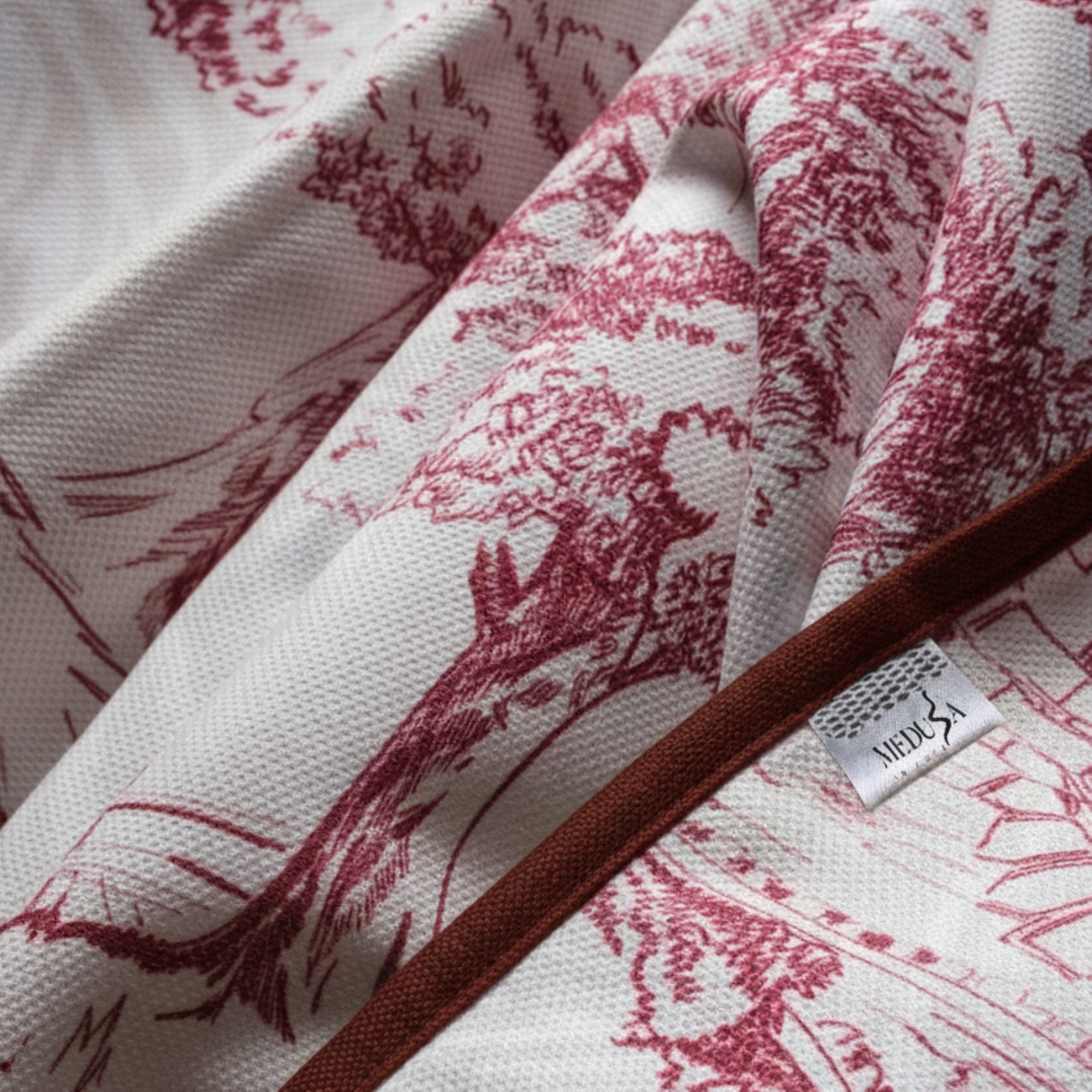 Elro – Pastoral Scenic Drapery Curtain With Deep Berry Motif & Bordeaux Piping – For Classic, Country & Vintage Interiors