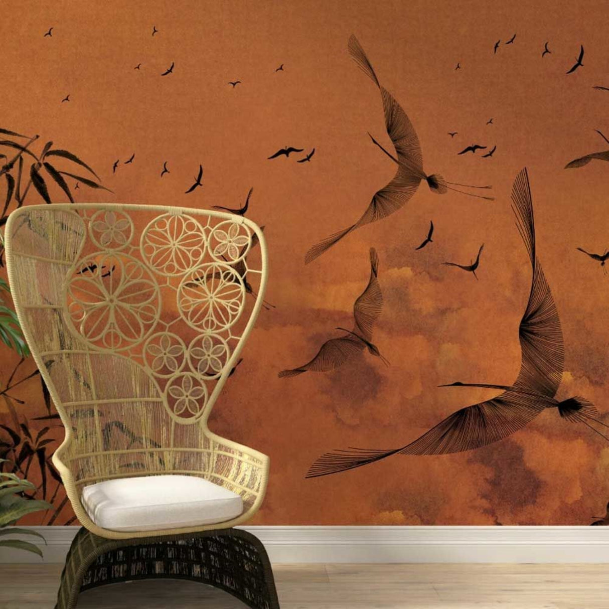 Crimson Sky & Storks Sketch Wallpaper, Featured in the Series: "Tale Of Ashes" – Pastoral Elegant Design