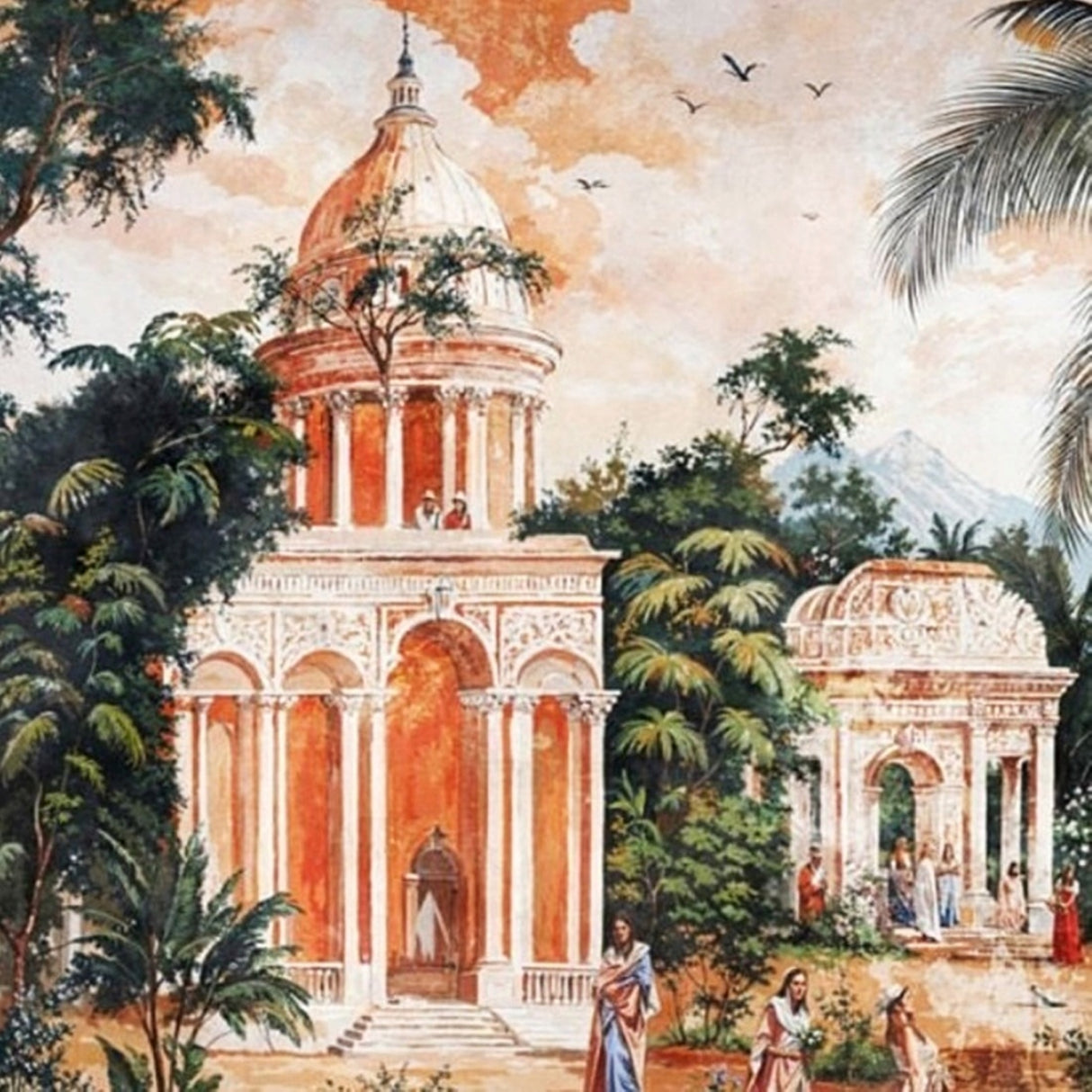 Golden Palaces & Palm Trees Wallpaper – Artistic Heritage Mural for Elegant Interiors