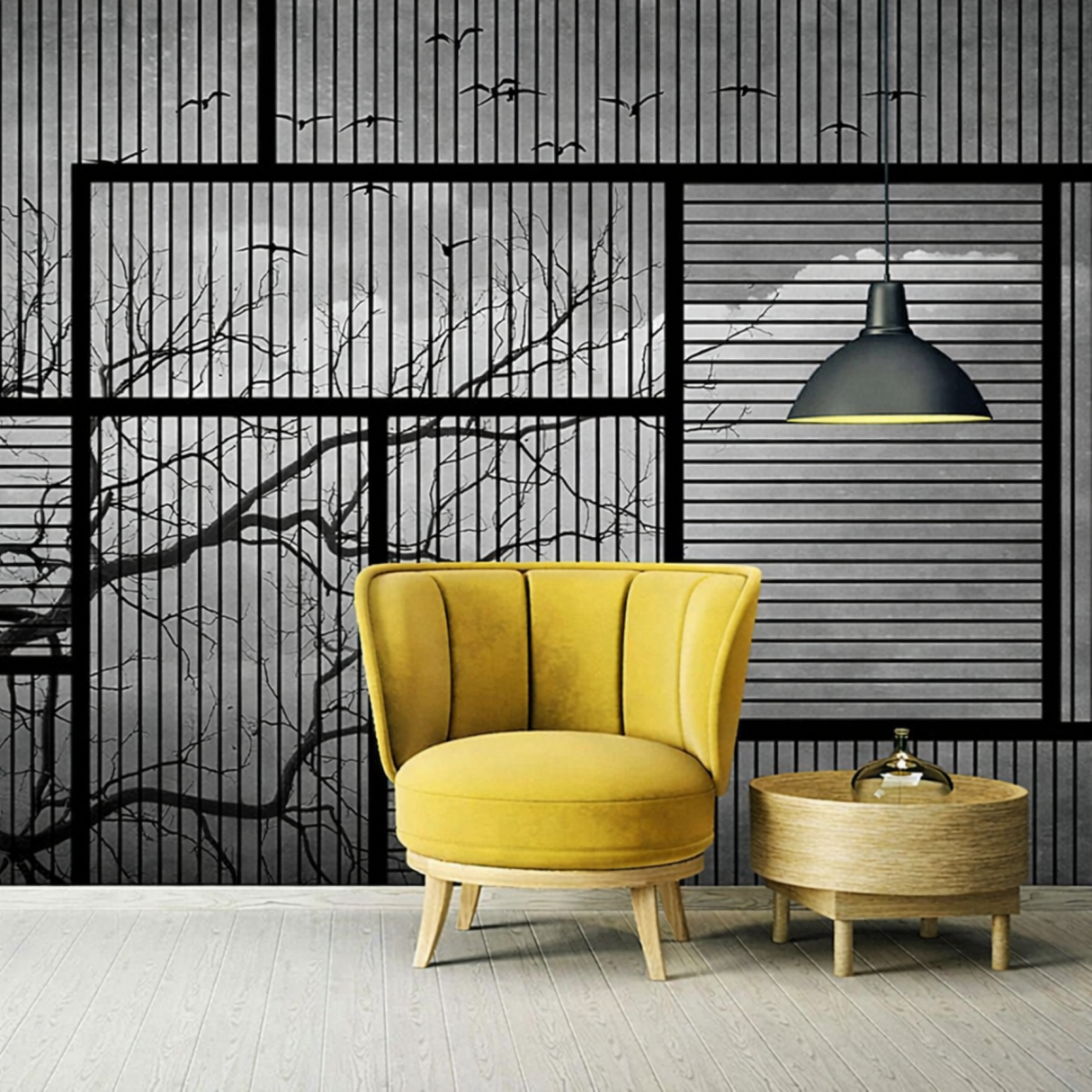 Papel pintado de ramas de árboles invernales y gaviotas: mural minimalista de naturaleza para interiores modernos