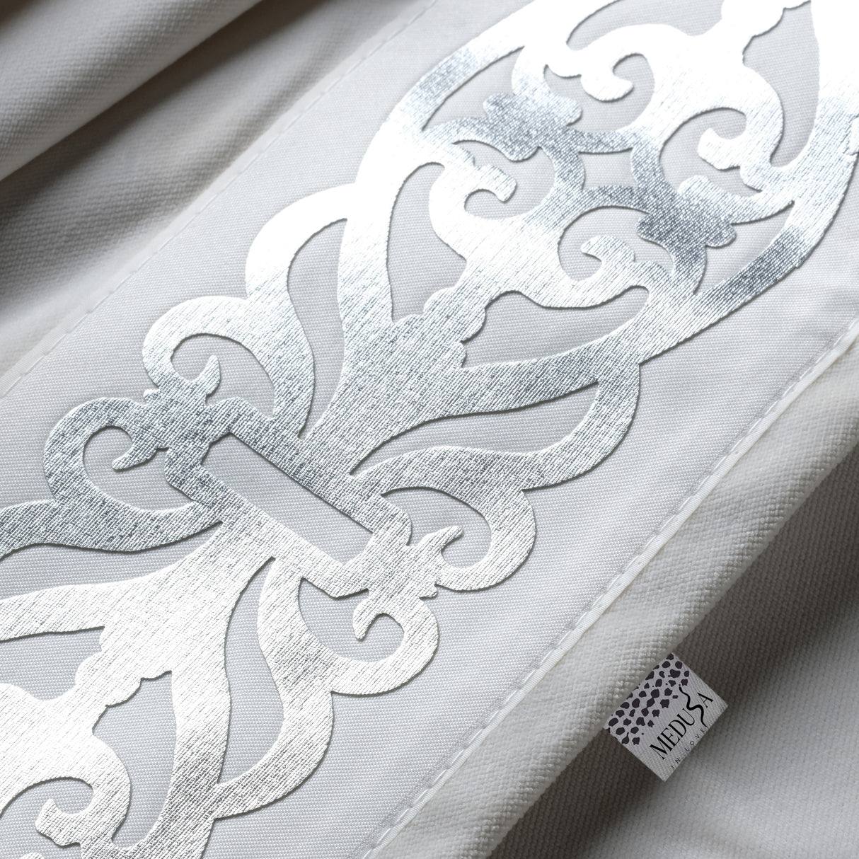 Rada – White Drapery Curtain With Luxury Silver Faux-Leather Border – For Modern & Refined Interiors