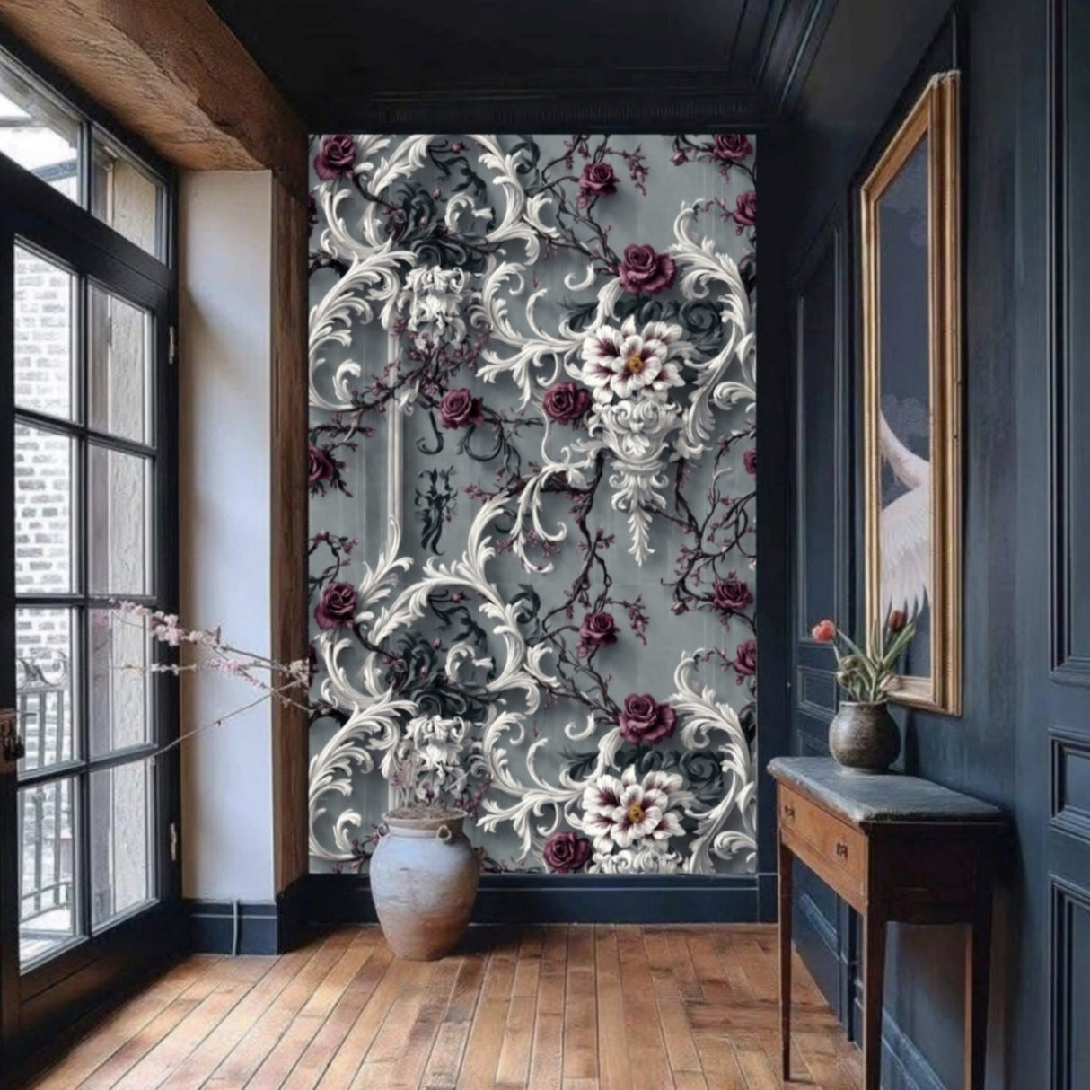 Baroque Bloom Wallpaper – Sculpted Elegance – Available in Printed and Embossed Versions for Heritage Interiors