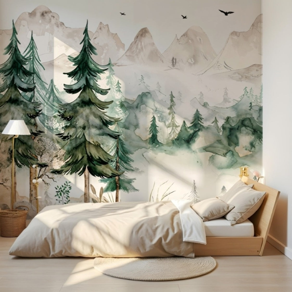 Misty Mountain Forest Wallpaper – Watercolor Wilderness for Serene Interiors