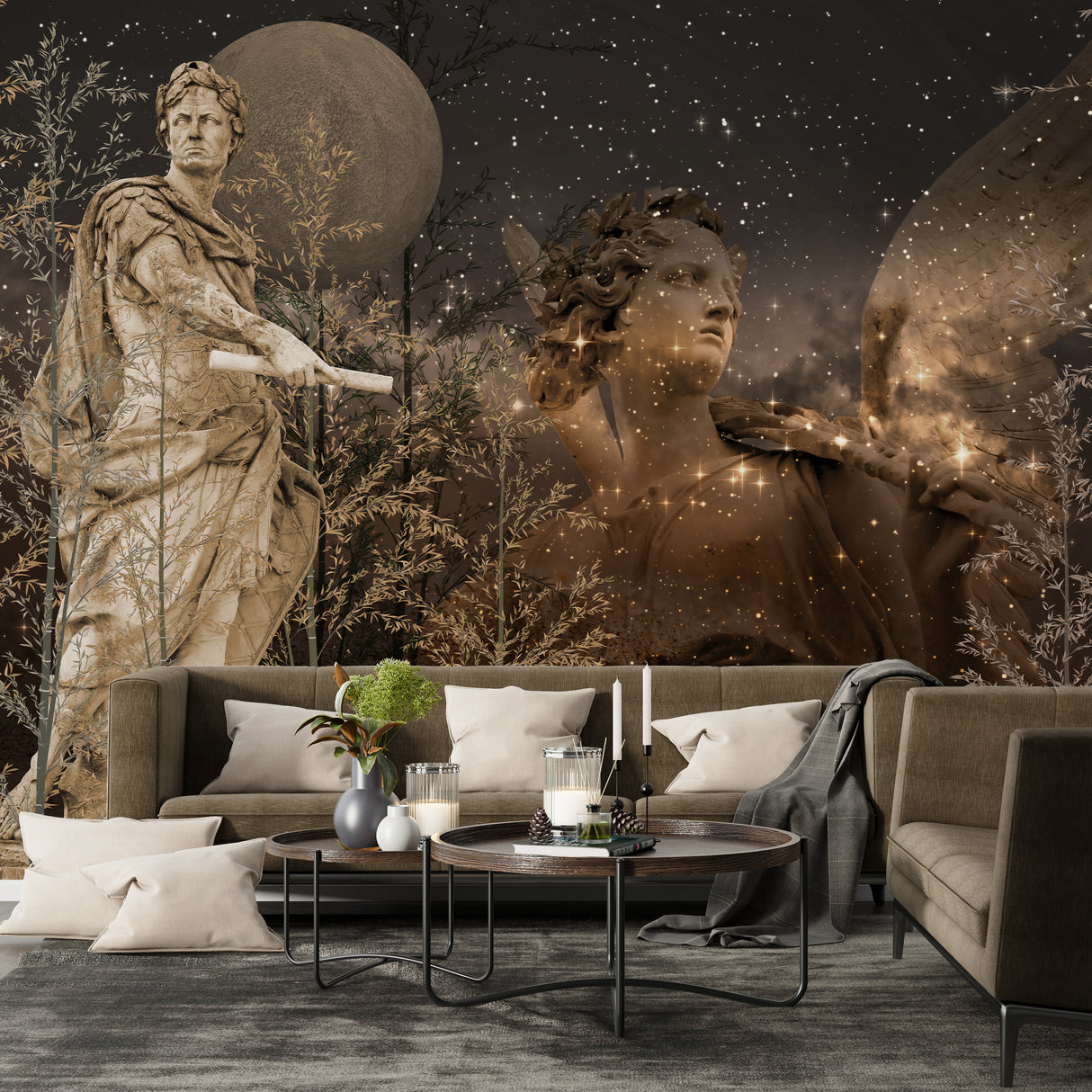 Papel pintado de estatuas celestiales bajo la luna: mural de arte mitológico para interiores espectaculares